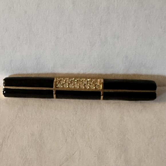 Swarovski Brooch Pin Vintage Black Enamel And Crystal Bar Style Swan Signed - Picture 5 of 13